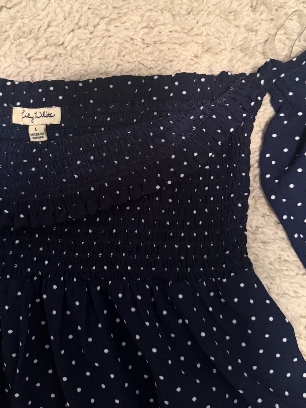 Navy Polka-Dot Smocked Off-Shoulder Top Size Large - Picture 3 of 3